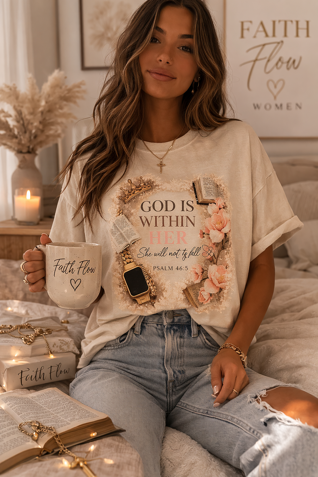 Woman wearing a 'Faith Flow' t-shirt and holding a mug, sitting on a bed.